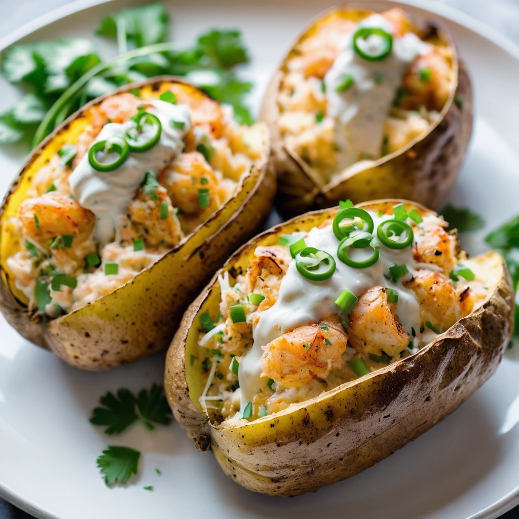 Four baked potatoes split open, brimming with creamy cajun shrimp, green onions, and shredded cheese.