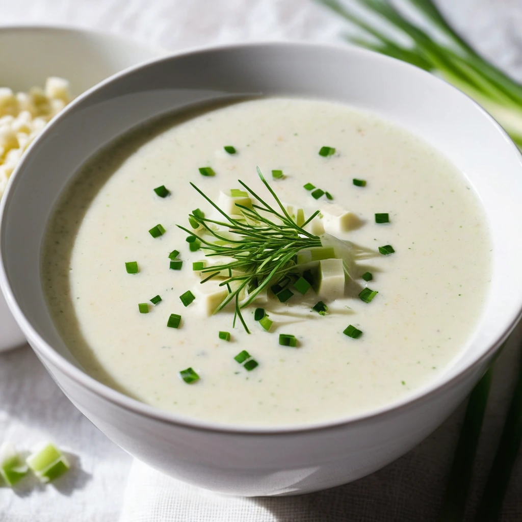 Steamy bowl of creamy white soup with a sprinkle of fresh chives on top.