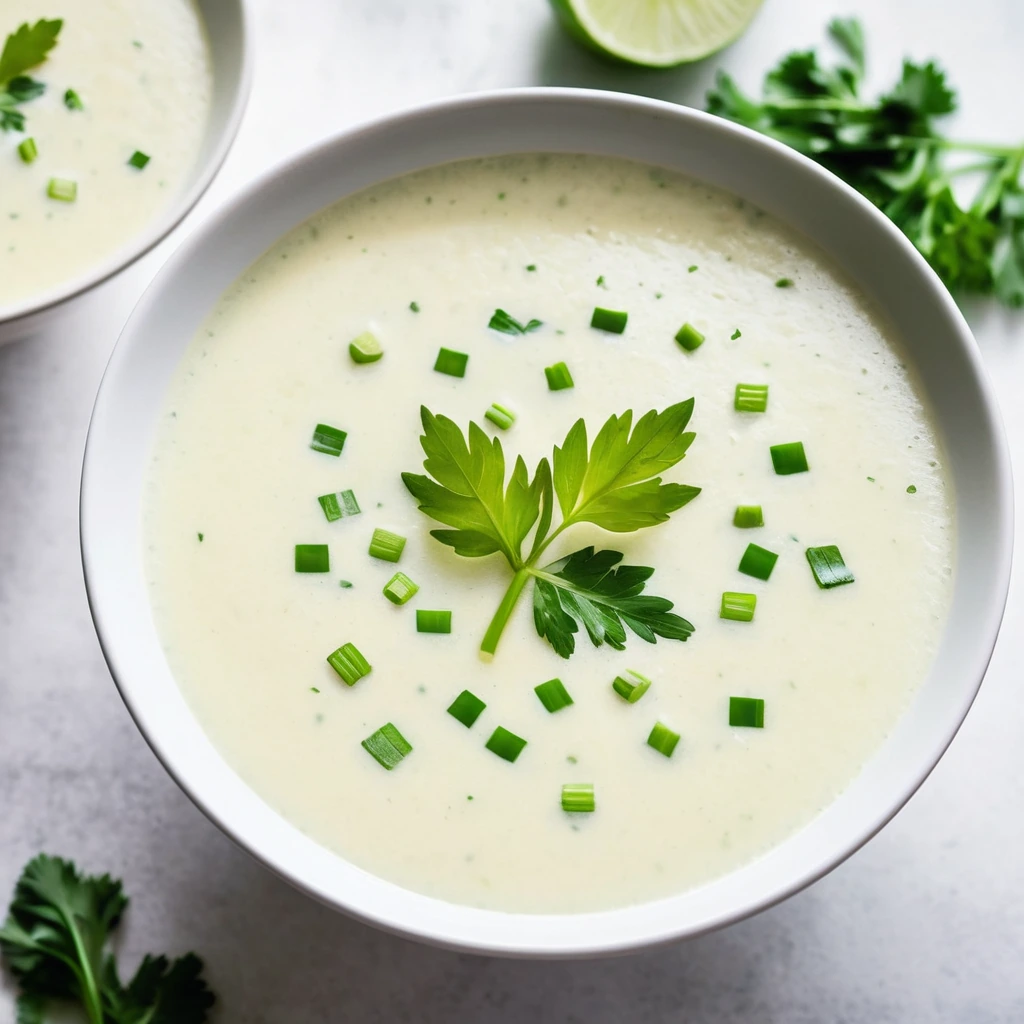 Steamy bowl of pale yellow soup with green leek slices floating atop, garnished with fresh parsley.