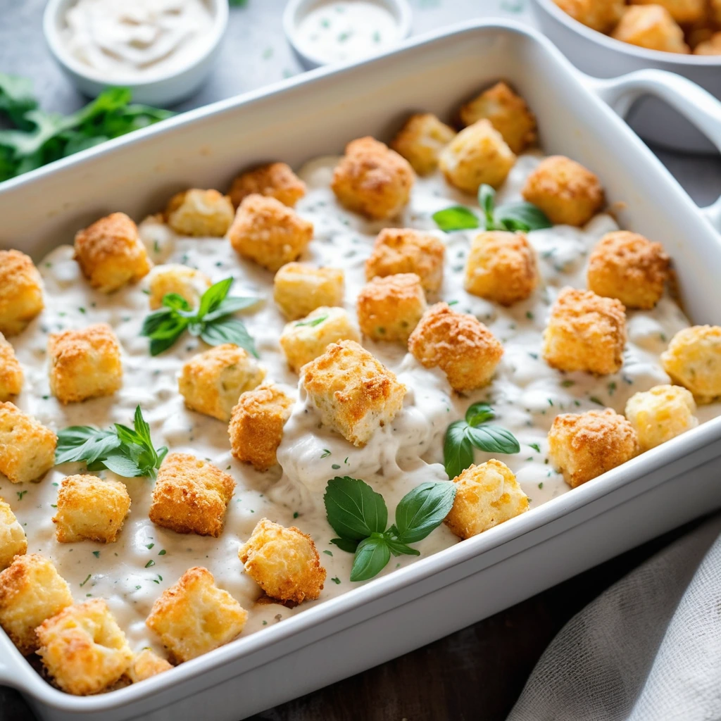 Baked casserole with golden tater tots on top, creamy white sauce, and shredded cheese, served in a baking dish.