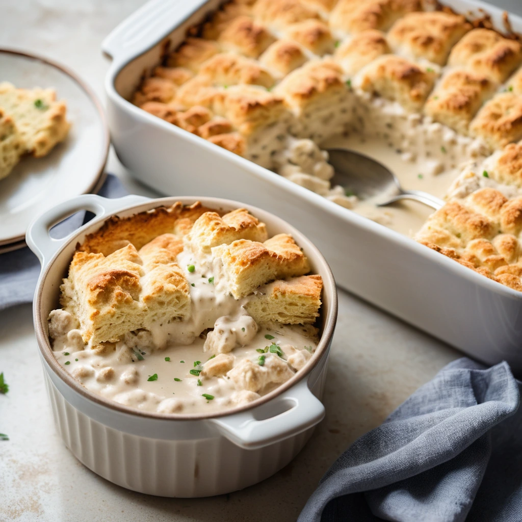 A bubbling casserole dish topped with golden, flaky biscuits.