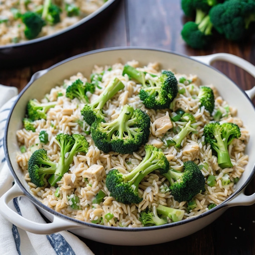 A golden skillet with creamy chicken and broccoli over fluffy rice, topped with a sprinkle of cheese.