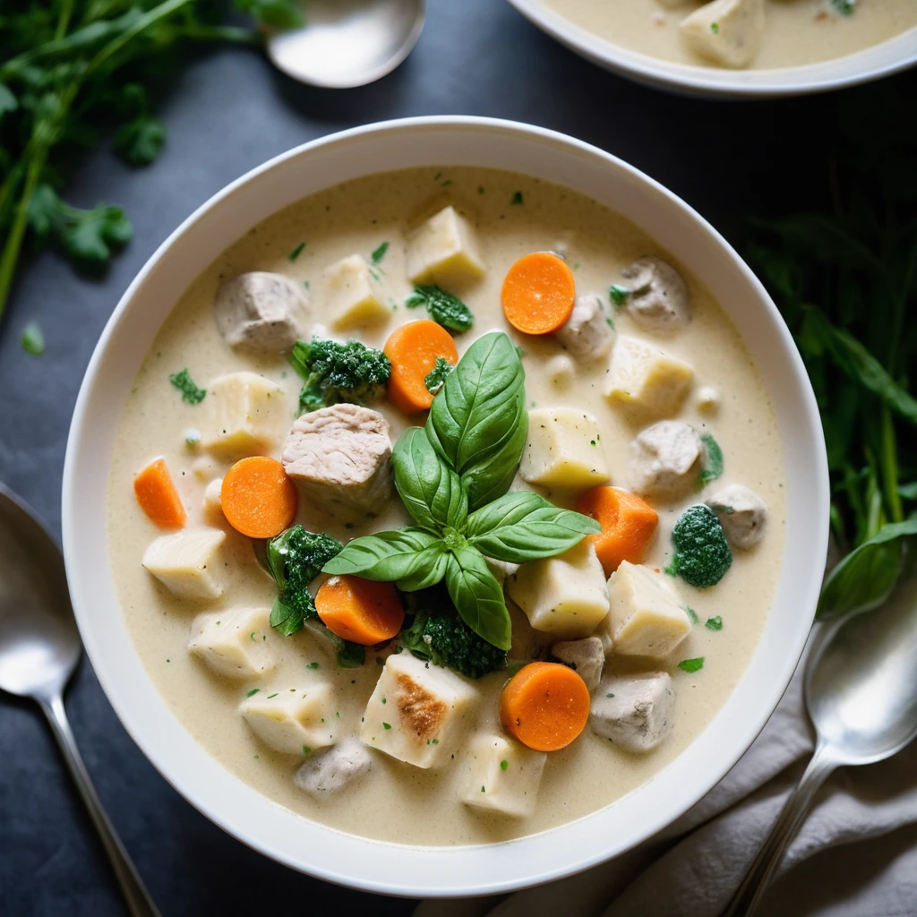Steaming bowl of creamy soup with chunks of chicken, gnocchi, and colorful vegetables.