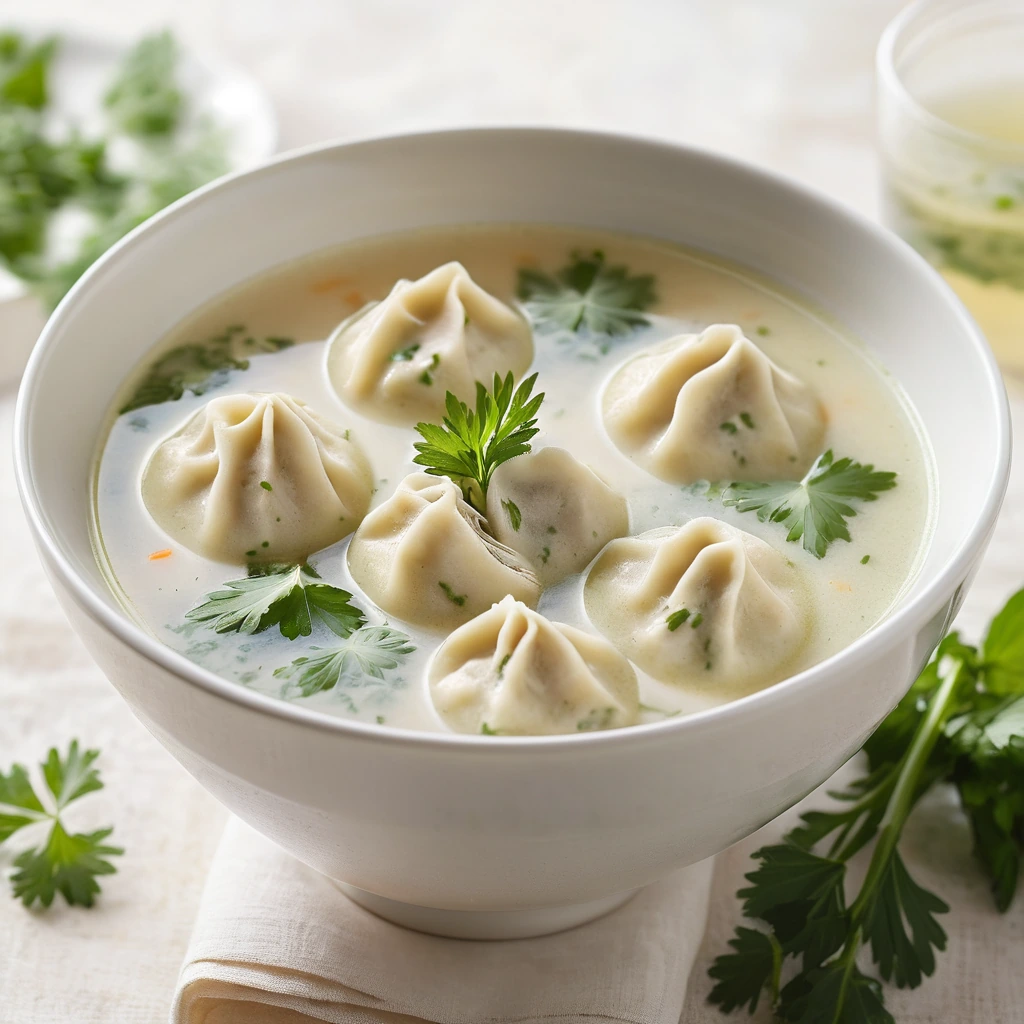 Bowl of creamy soup with shredded chicken and green herb dumplings floating in a golden broth, sprinkled with fresh parsley.