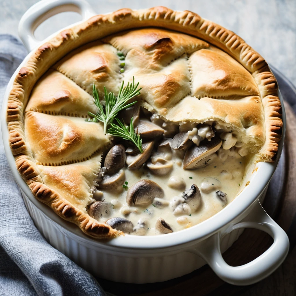 A steaming golden pot pie with flaky crust, filled with creamy chicken and mushroom mixture