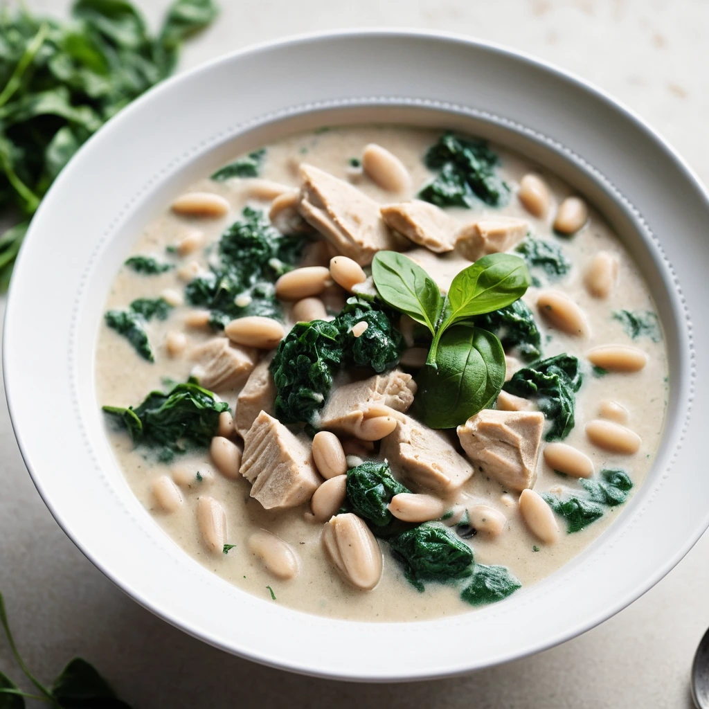 A steaming bowl of creamy white stew with shredded chicken, spinach, and white beans, garnished with fresh parsley.