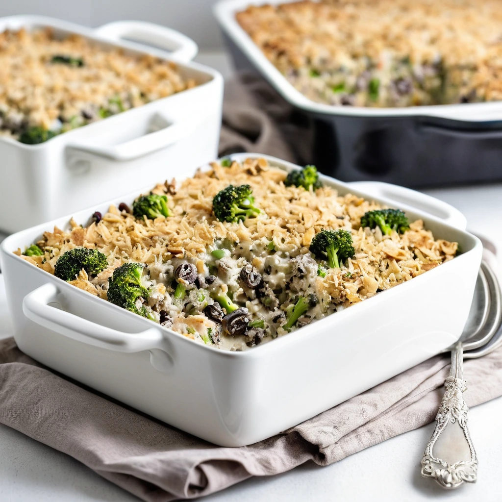 Baked casserole in a rectangular dish with a golden, bubbly top layer of cheese and breadcrumbs, featuring visible chunks of chicken and broccoli.