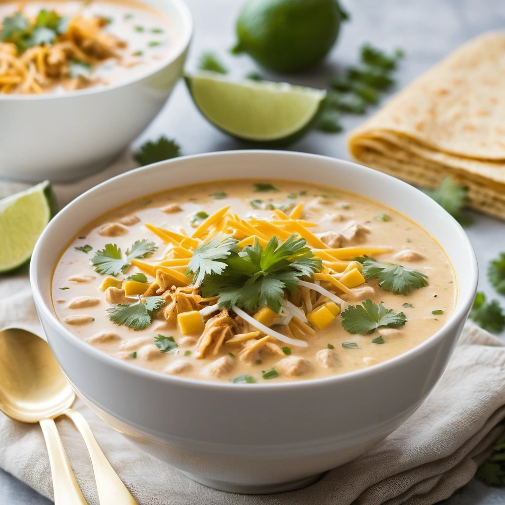 Steamy bowl of creamy soup with shredded chicken, corn, and cheese on top, garnished with fresh cilantro.