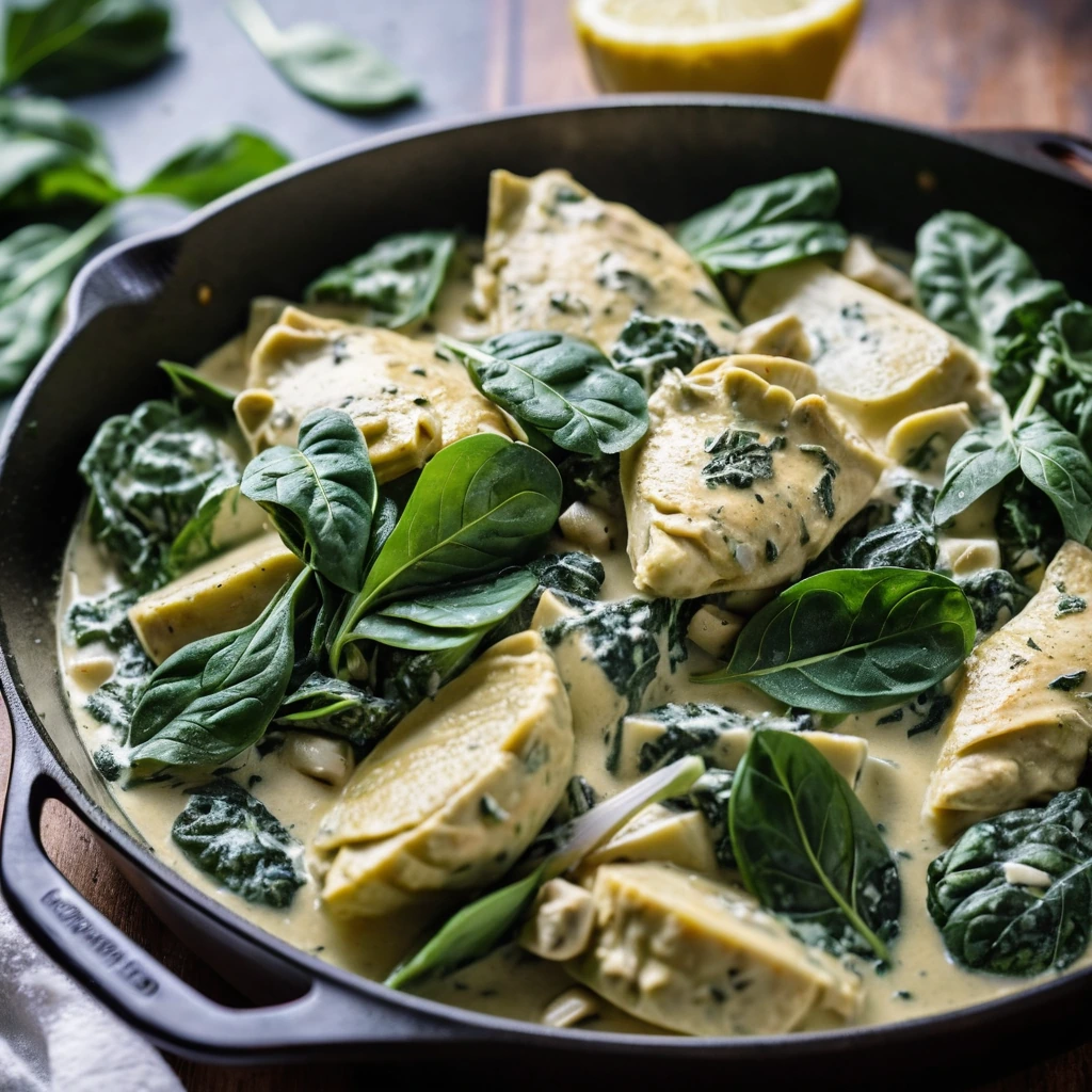 Golden chicken pieces with vibrant green spinach and artichoke hearts in a creamy sauce served in a sizzling skillet.