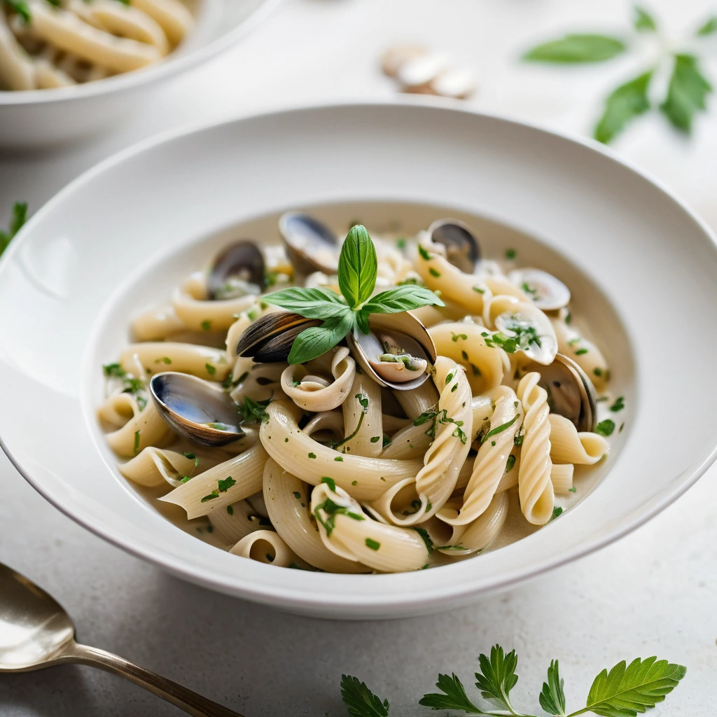 Golden pasta in a creamy white bowl with clams and green herbs sprinkled on top
