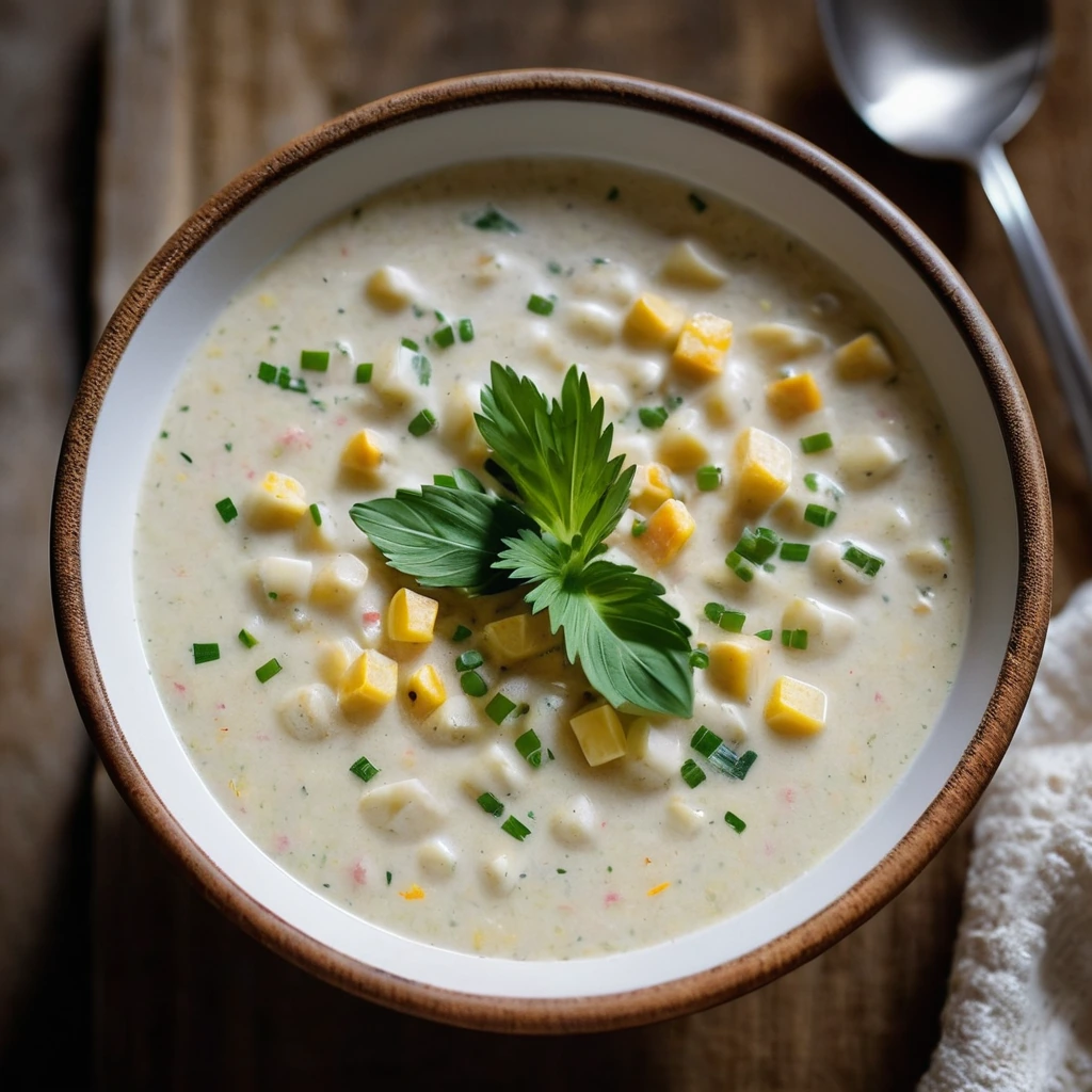 Steamy white chowder in a rustic wooden bowl topped with fresh chives.