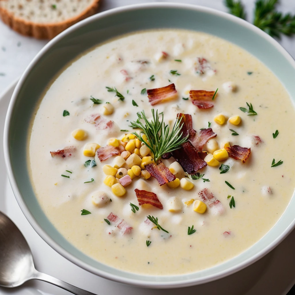 Steaming bowl of creamy yellow chowder with chunks of corn and crispy bacon, sprinkled with fresh thyme.