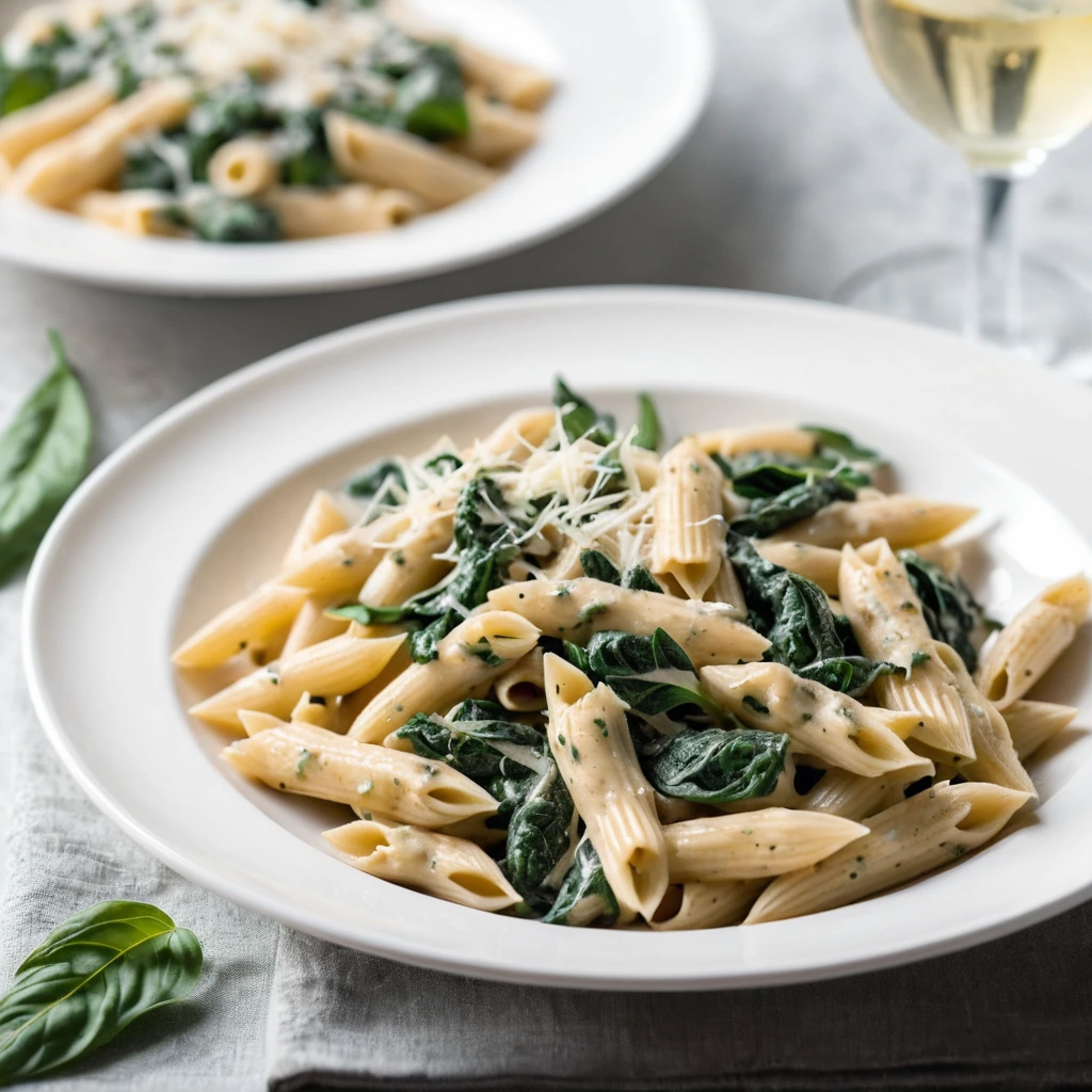 Penne pasta with creamy white sauce, chicken strips, and wilted spinach in a shallow bowl.
