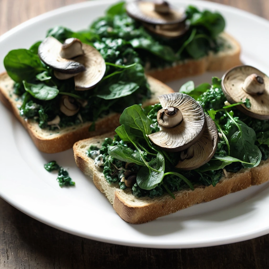 Four slices of toasted bread topped with a creamy mixture of mushrooms and spinach, sprinkled with fresh parsley.