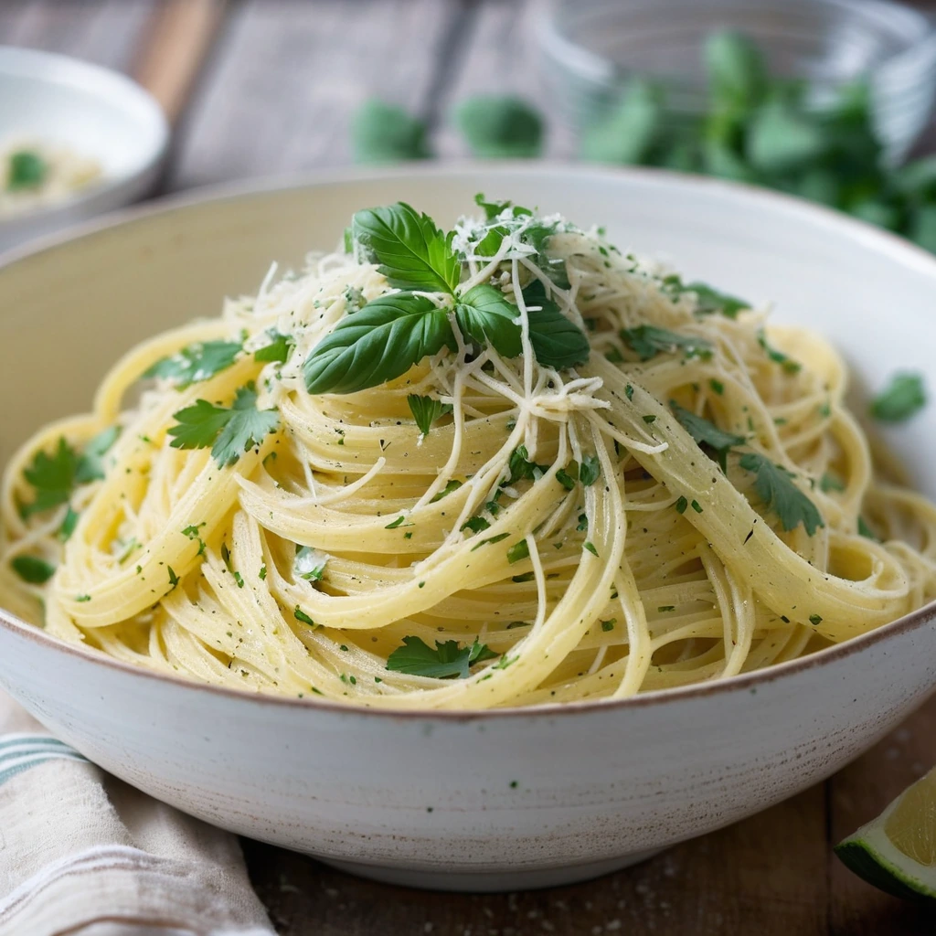 Golden spaghetti squash strands in a creamy white sauce with a sprinkle of green parsley on top served in a rustic bowl.
