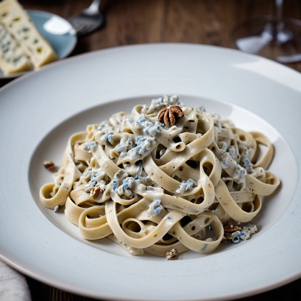 Golden tagliatelle twirled on a white plate, topped with a creamy blue cheese sauce and a sprinkle of toasted walnuts.