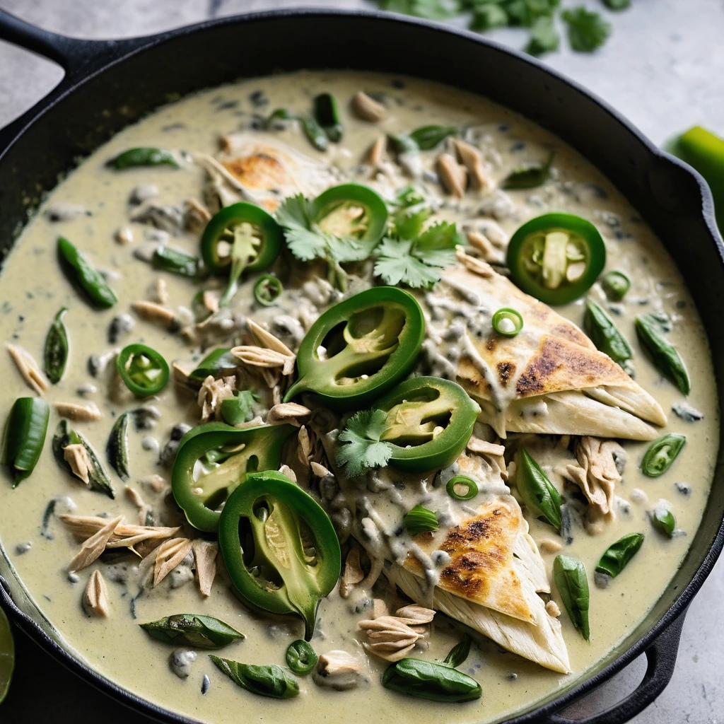 A golden skillet dish with green poblanos and shredded chicken, topped with melted cheese and cilantro.