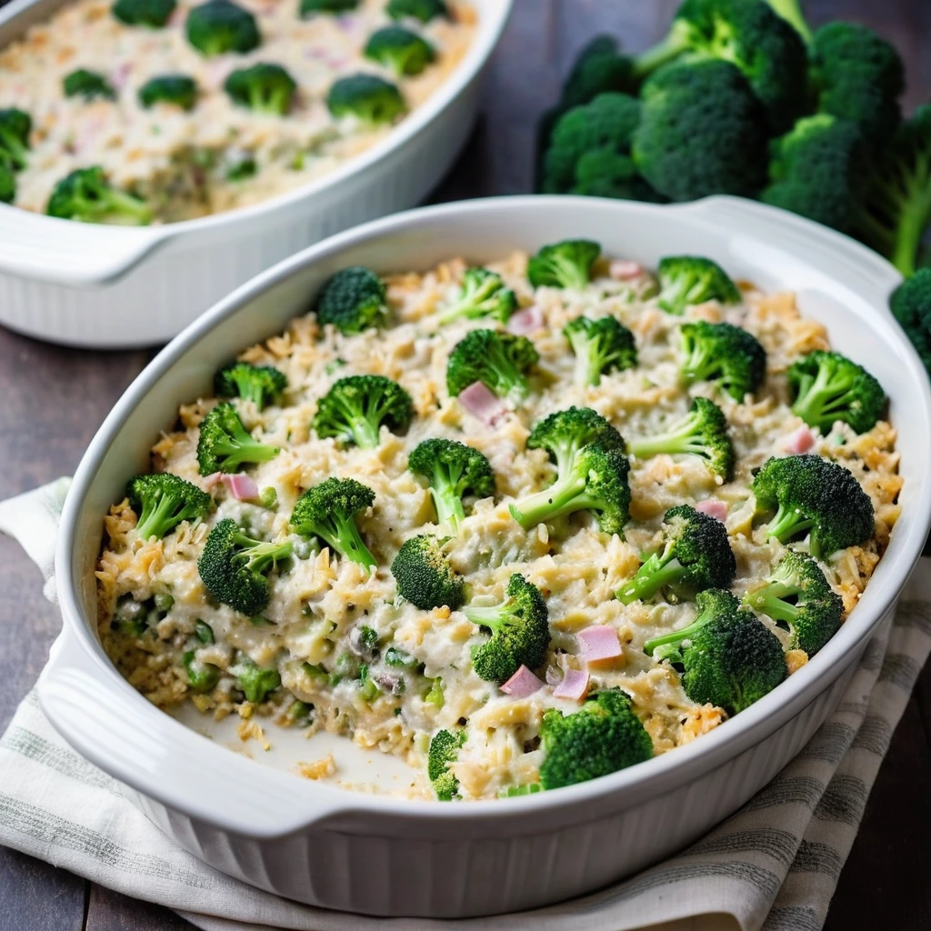 Golden bubbly casserole in a baking dish with green broccoli florets poking out and a sprinkle of cheese on top.