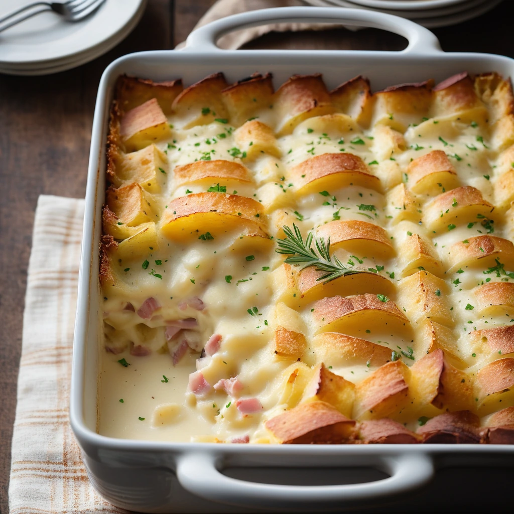 golden bubbly casserole in a rectangular baking dish, topped with melted cheese and crispy potato edges