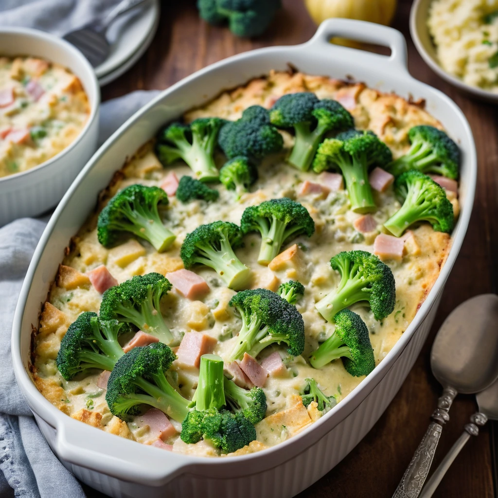 Golden casserole in a baking dish with a bubbly surface, flecked with green broccoli and ham pieces.