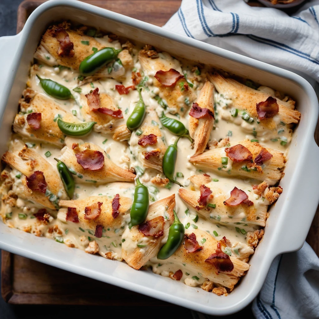 golden chicken baked with creamy cheese, topped with crispy bacon and diced jalapeno on a baking dish