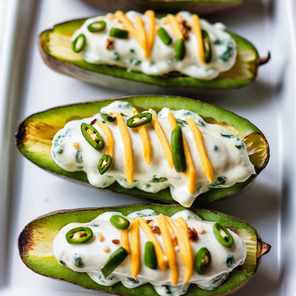 Four golden brown potato halves filled with creamy, cheesy, green-speckled filling, topped with melted cheddar and crispy bacon.