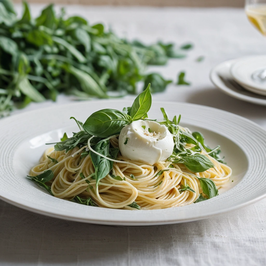Bowl of golden spaghetti with creamy sauce, burrata dollops, and fresh arugula.