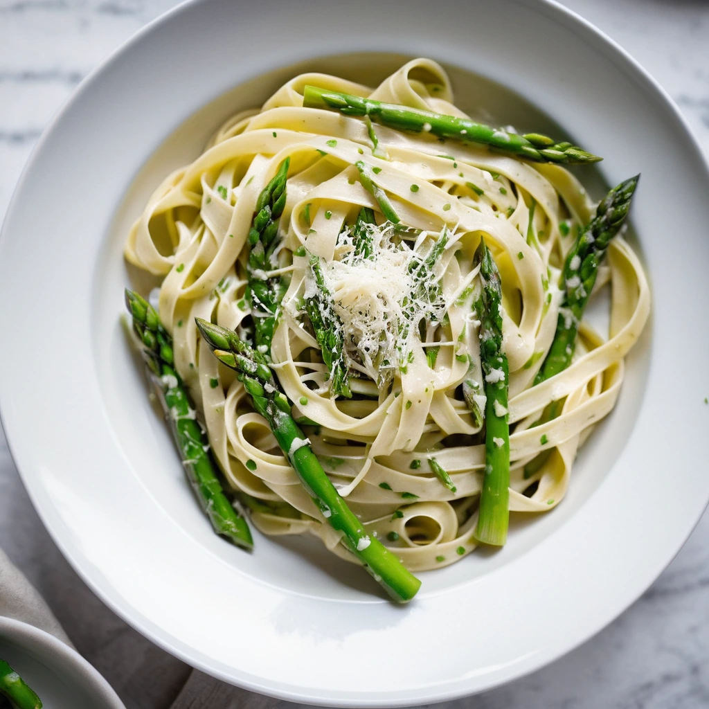 Creamy lemon sauce coats golden fettuccine with bright green asparagus spears in a white bowl.