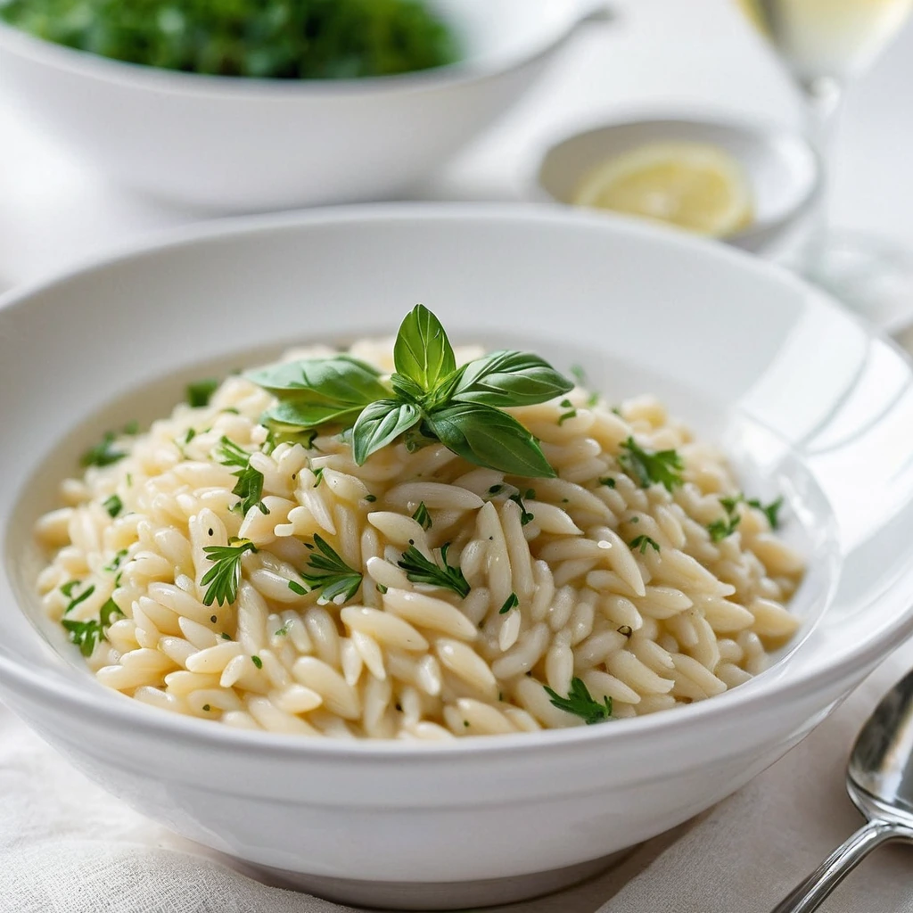 Golden orzo risotto in a creamy lemon sauce, sprinkled with Parmesan and fresh parsley in a white serving bowl.
