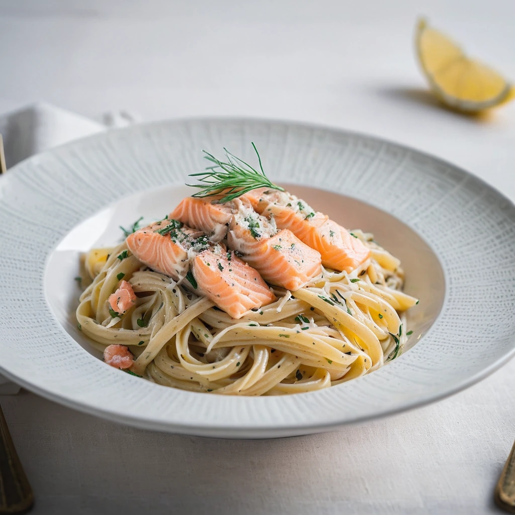 Golden pasta in a creamy lemon sauce with pink salmon flakes and grated Parmesan in a white bowl.