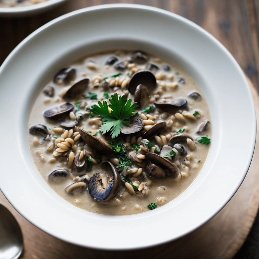 A steaming bowl of creamy stew with golden barley and dark mushrooms, sprinkled with fresh parsley.