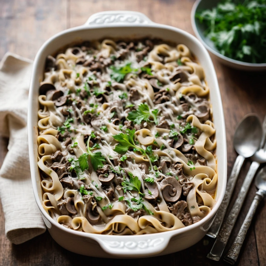 Golden-brown casserole in a baking dish with a creamy top layer, sprinkled with cheese, and green herbs.