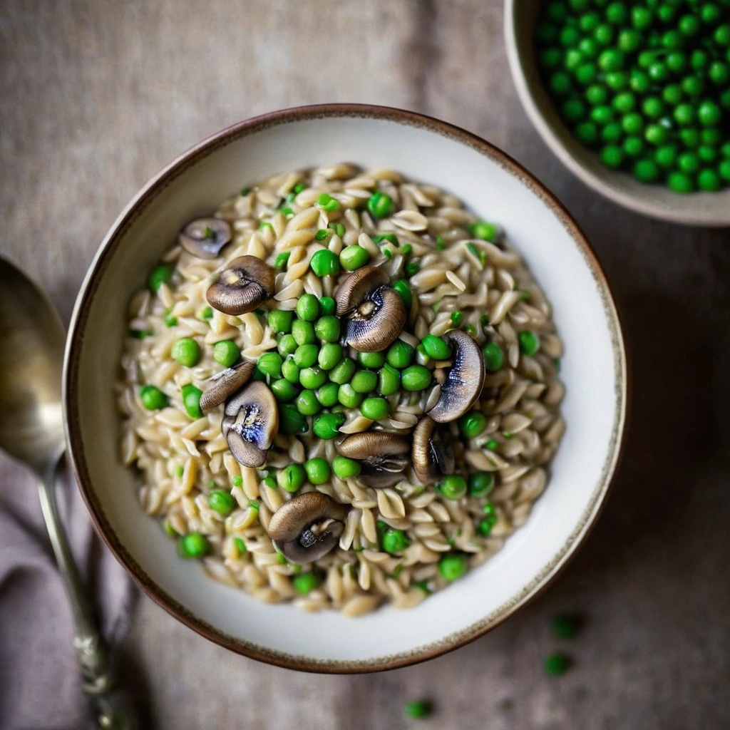 Golden orzo risotto topped with green peas and sautéed mushrooms in a creamy sauce served in a rustic bowl.