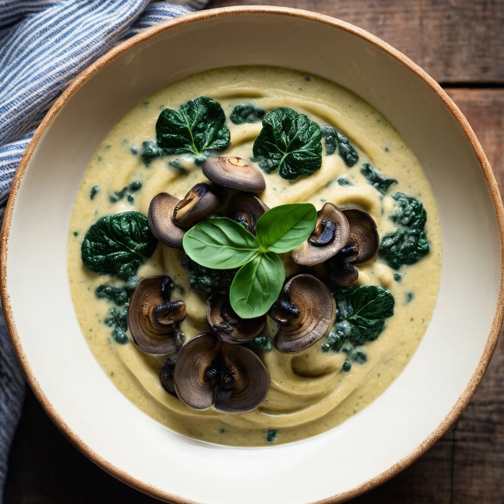 Golden polenta topped with sautéed mushrooms and wilted spinach in a creamy sauce, served in a rustic bowl.