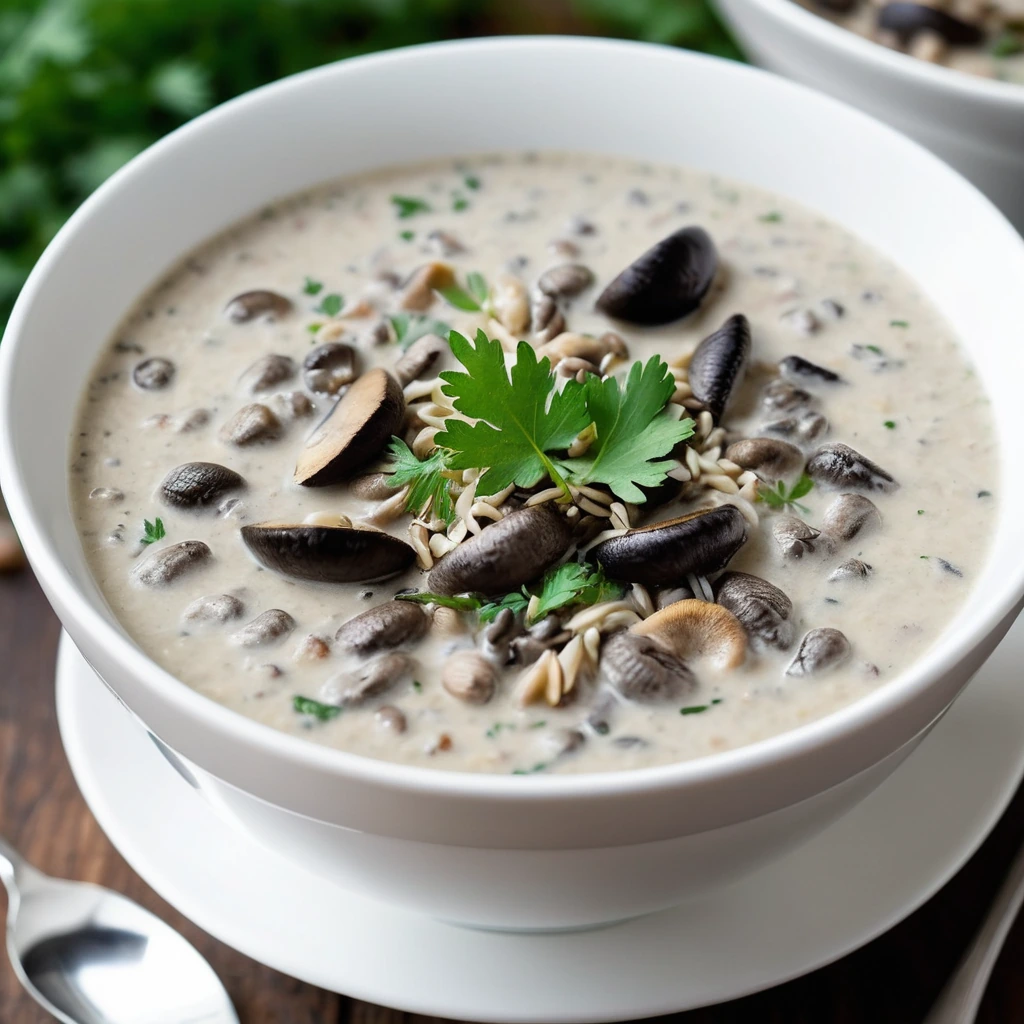 Creamy golden soup in a white bowl with wild rice and mushroom chunks, topped with fresh parsley.