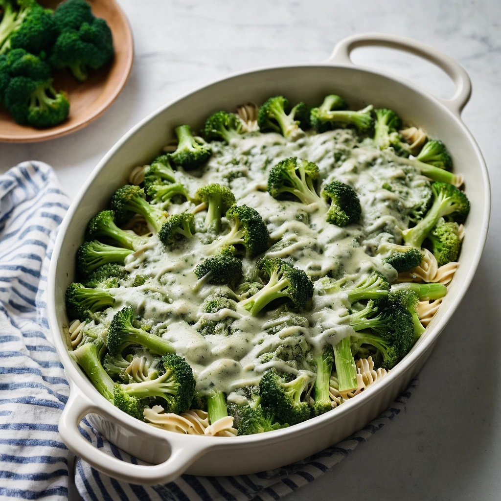 Baked chicken and broccoli in a creamy pesto sauce, topped with melted cheese in a casserole dish.