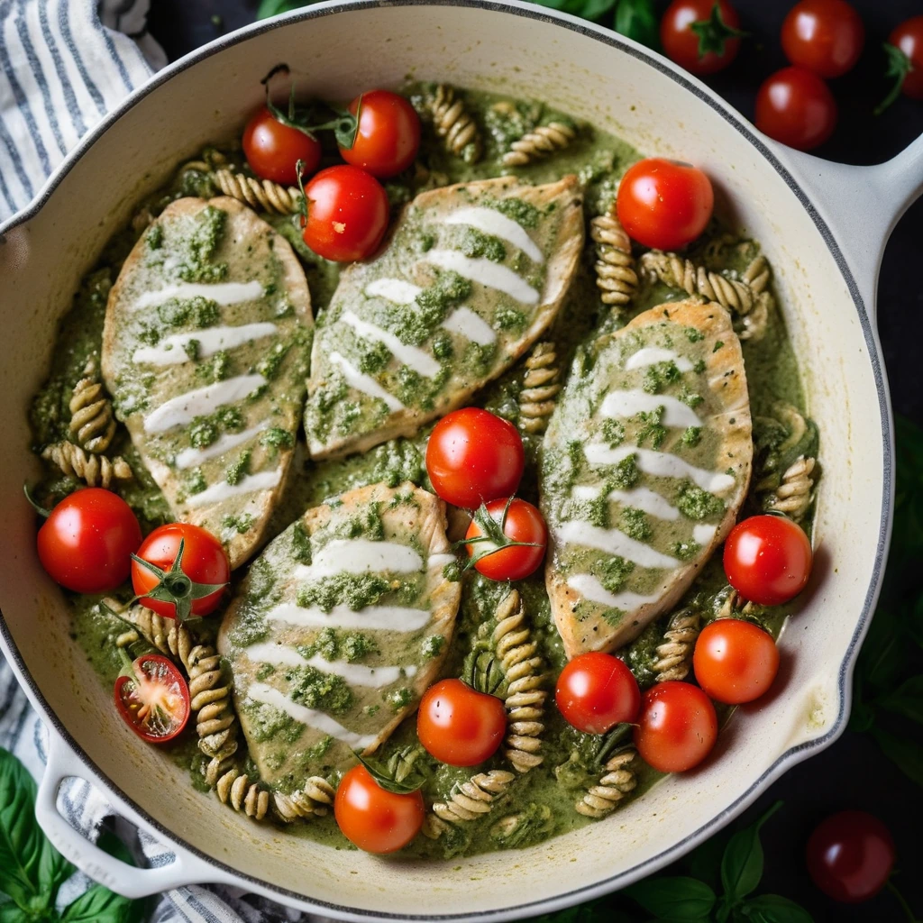 Golden chicken breasts with red cherry tomatoes in a green creamy pesto sauce in a skillet.