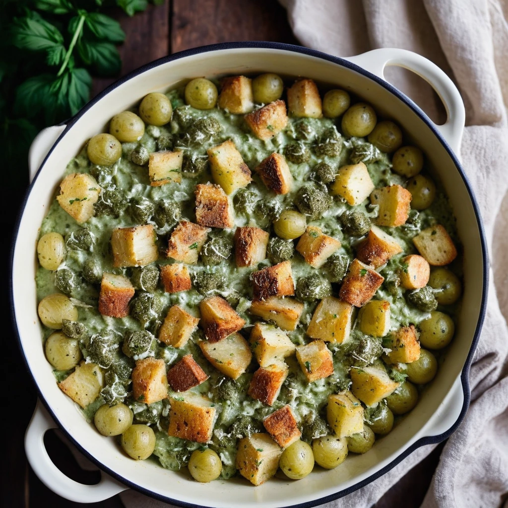 A golden-brown casserole dish filled with creamy potatoes, chicken chunks, and green pesto.