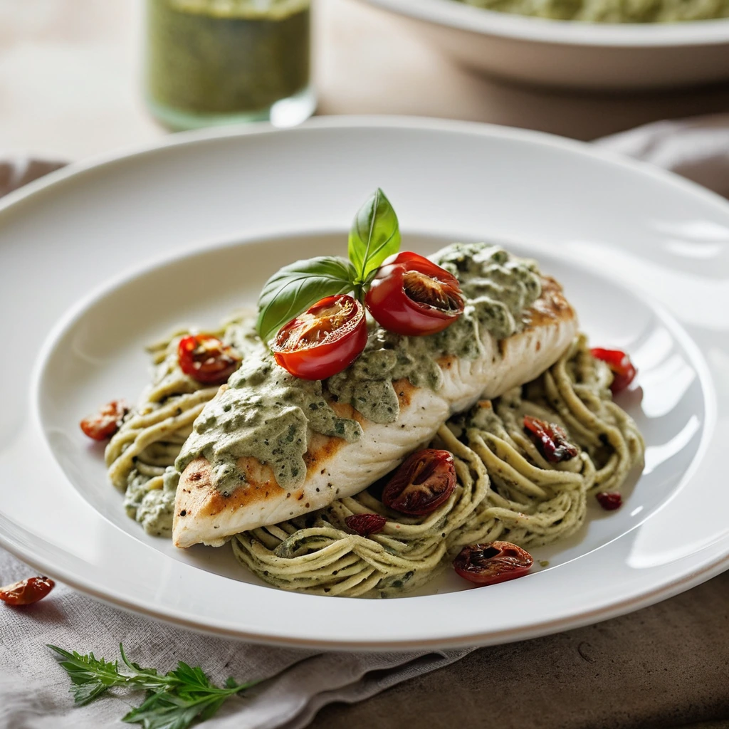 Creamy green pesto sauce over golden chicken breasts with red sun-dried tomatoes, served on a white plate.