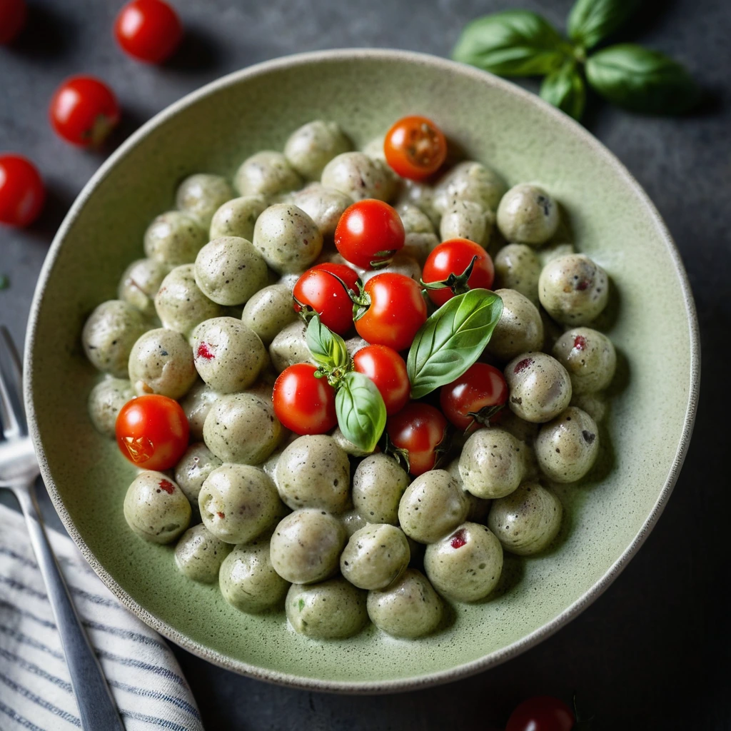 Gnocchi in a green pesto cream sauce with red cherry tomatoes in a shallow bowl.