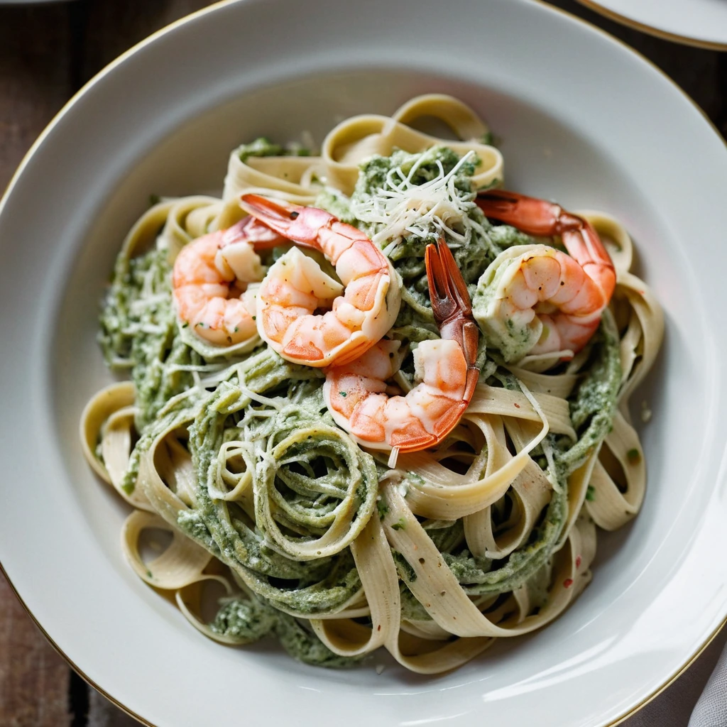 Bowl of green creamy pesto sauce with pink shrimp over golden fettuccine, topped with grated Parmesan.