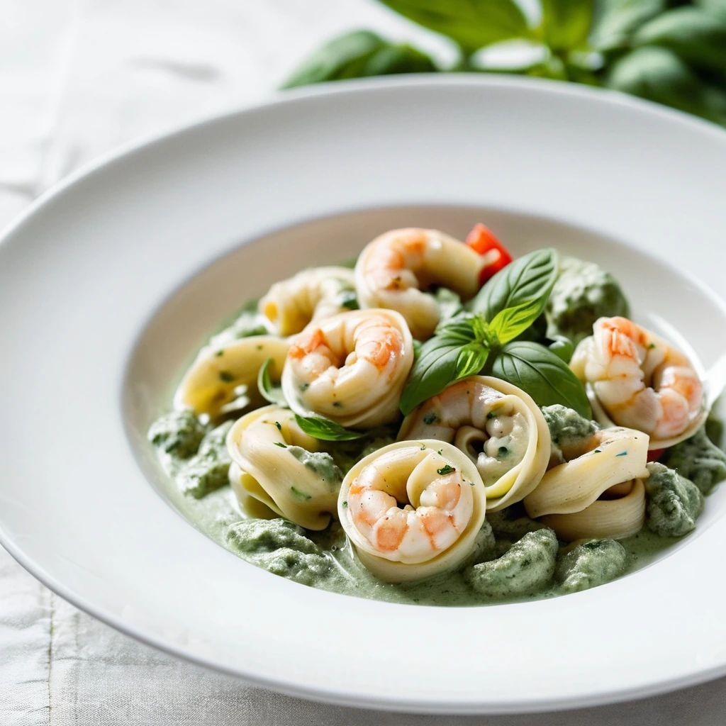 Tortellini in a creamy green sauce with shrimp arranged on a white plate, garnished with fresh basil leaves.