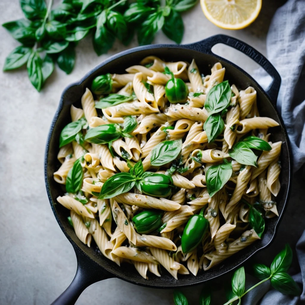 Creamy green pasta with chicken and roasted poblano peppers served in a skillet