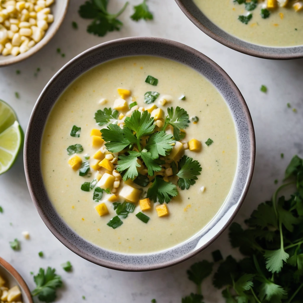 Bowl of creamy orange and green soup topped with fresh cilantro and diced red onions