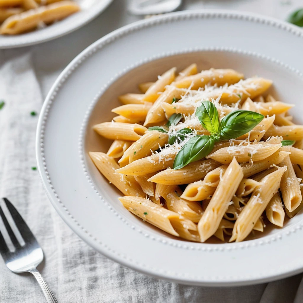 Golden penne pasta in a creamy orange sauce, sprinkled with fresh basil and grated parmesan, served in a white bowl.