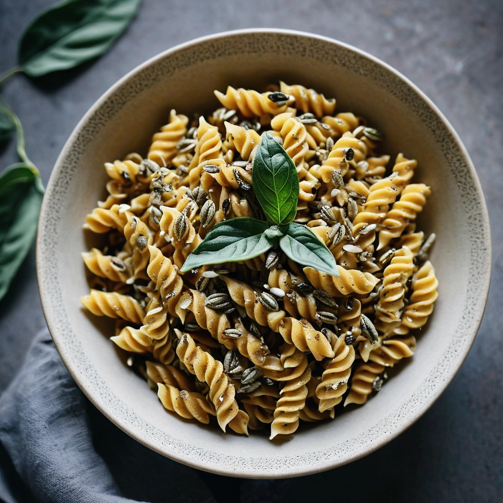 Creamy orange pumpkin sauce coats fusilli pasta in a bowl, garnished with toasted seeds and fresh sage leaves.