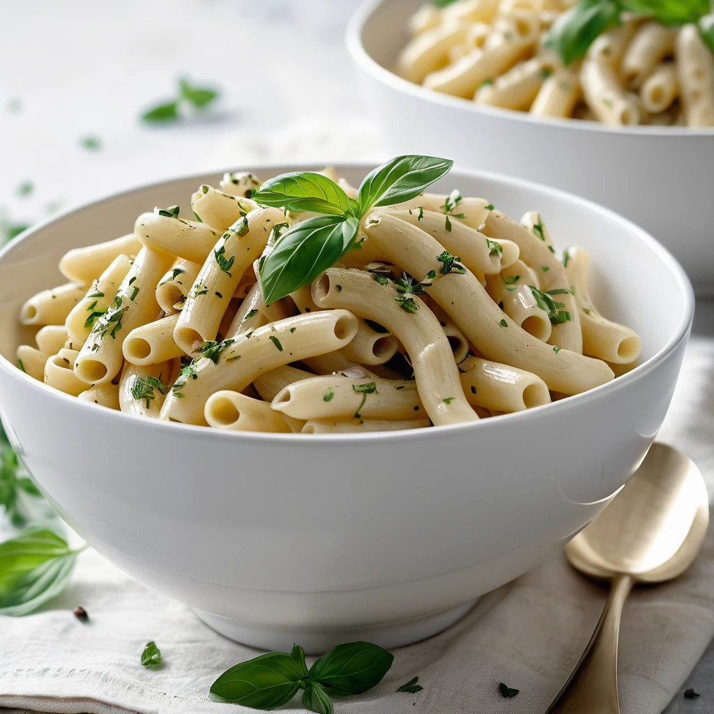 Golden macaroni in a creamy sauce with roasted garlic cloves and fresh herbs, served in a white bowl.