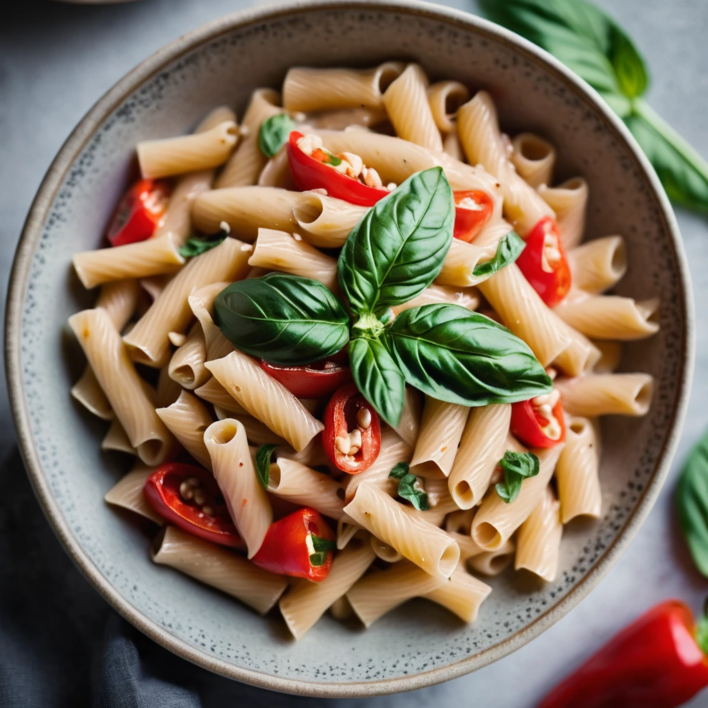 Bowl of creamy pasta with red pepper chunks and white beans, topped with fresh basil.