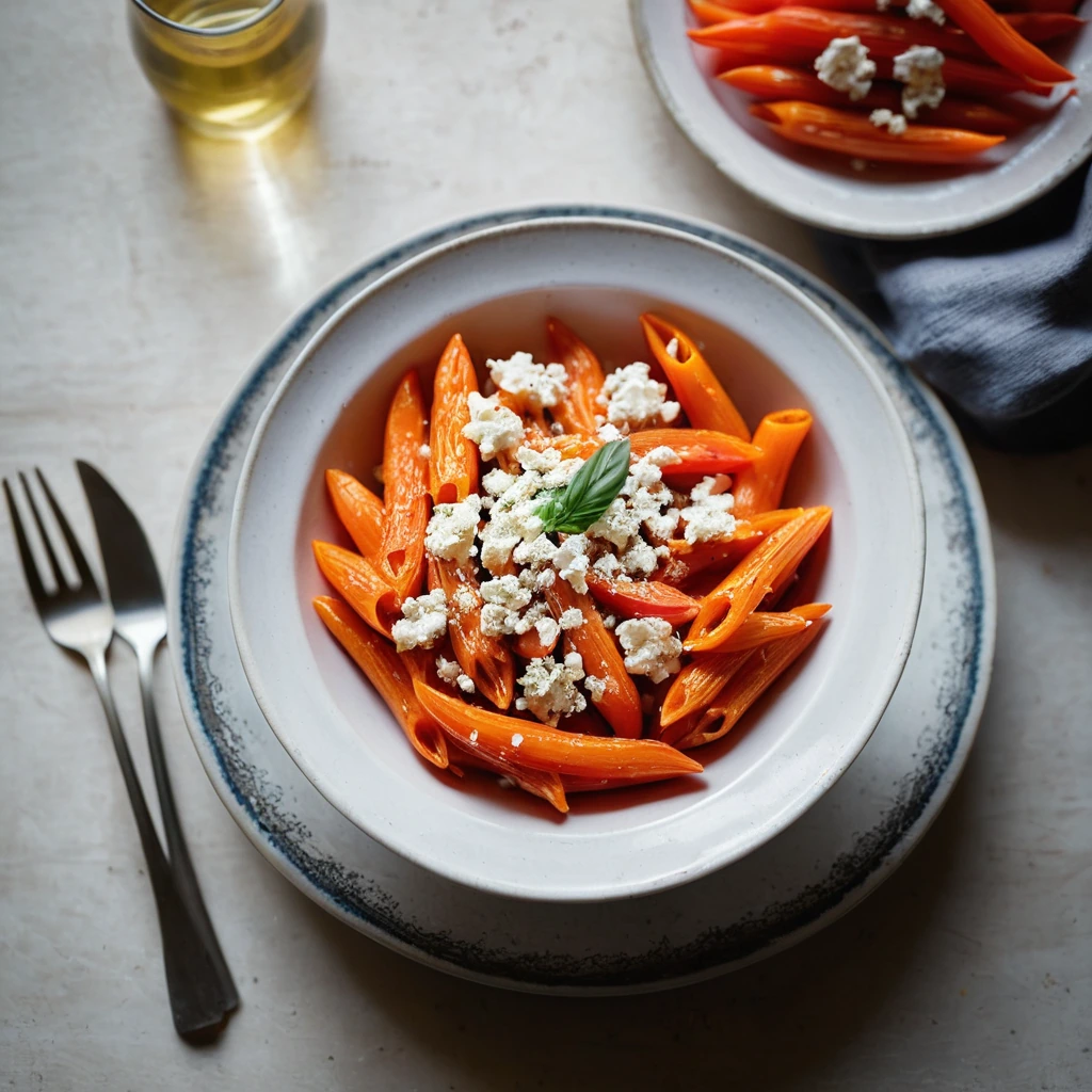 Bowl of orange and white pasta with feta sprinkled on top, served in a rustic bowl.