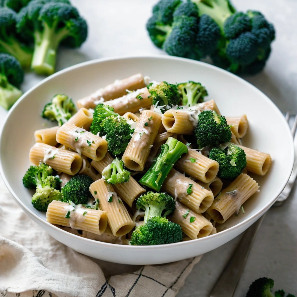 Rigatoni pasta in a creamy sauce with browned sausage and green broccoli in a white bowl.